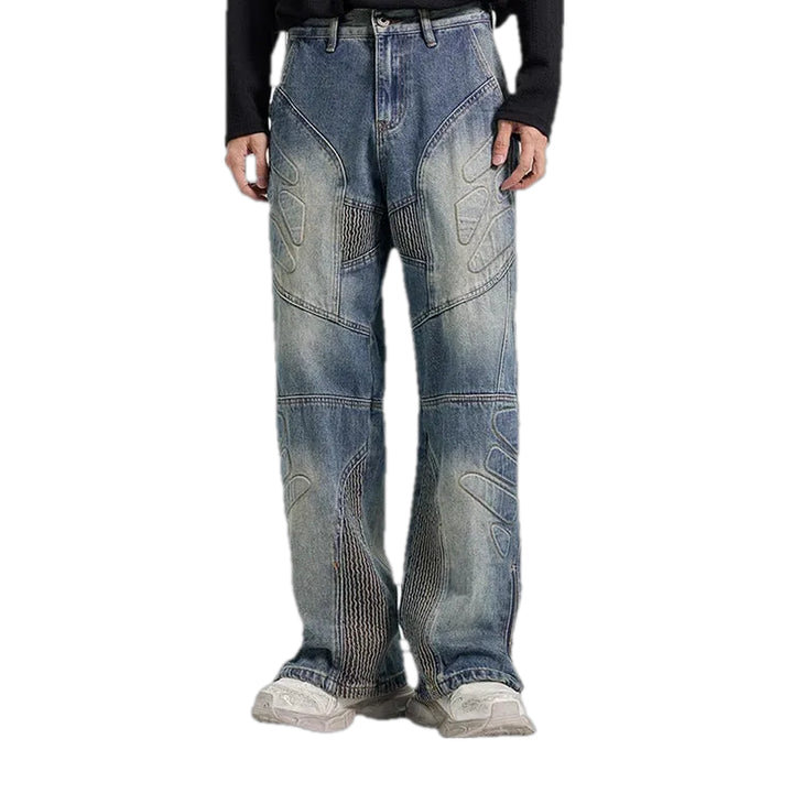 Art Patterned Boho Midweight Baggy Jeans for Men - Blue