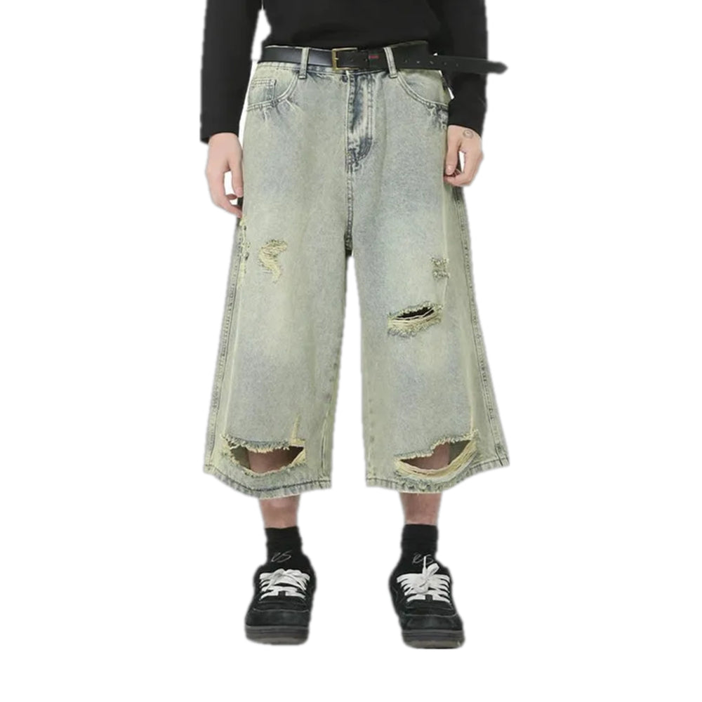 Fashionable Torn Retro Men's Jeans Shorts - Grey